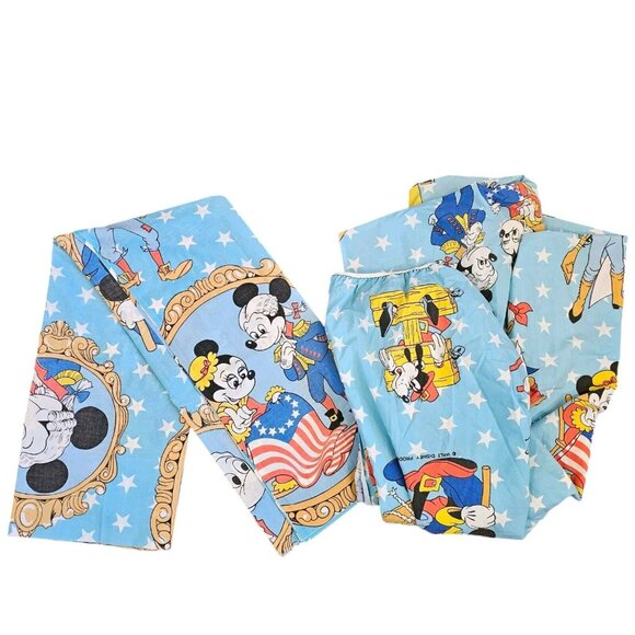 Vintage 1976 Disney Mickey Twin Bed Sheet Set FLAT FITTED Patriotic Fabric Blue - Picture 1 of 8